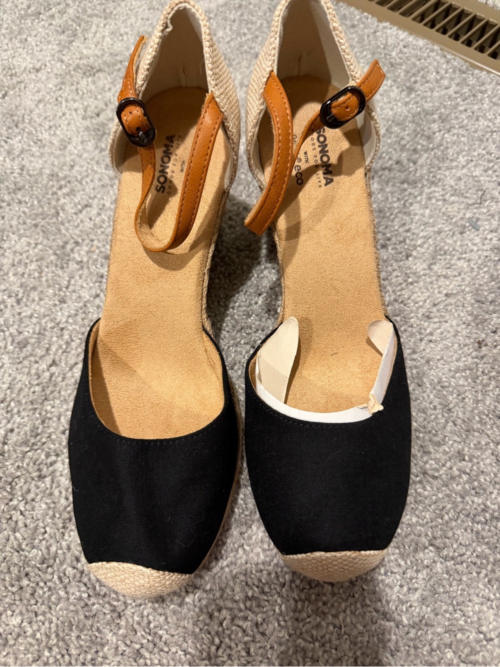 Sonoma Black Canvas Espadrille Wedges with Tan Ankle Strap